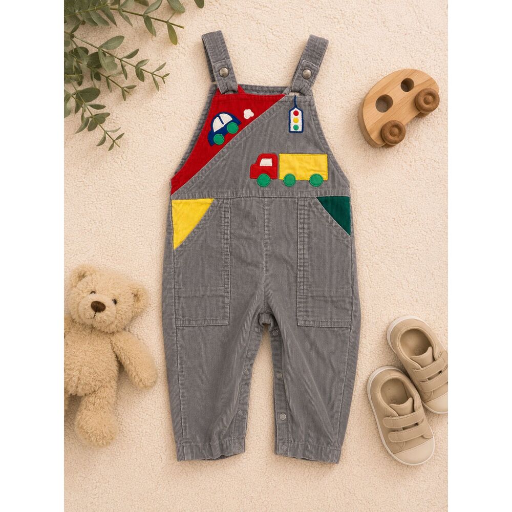Vintage Baby Corduroy Overalls 12 Months Gray Applique Cars Trucks 90s Toddler